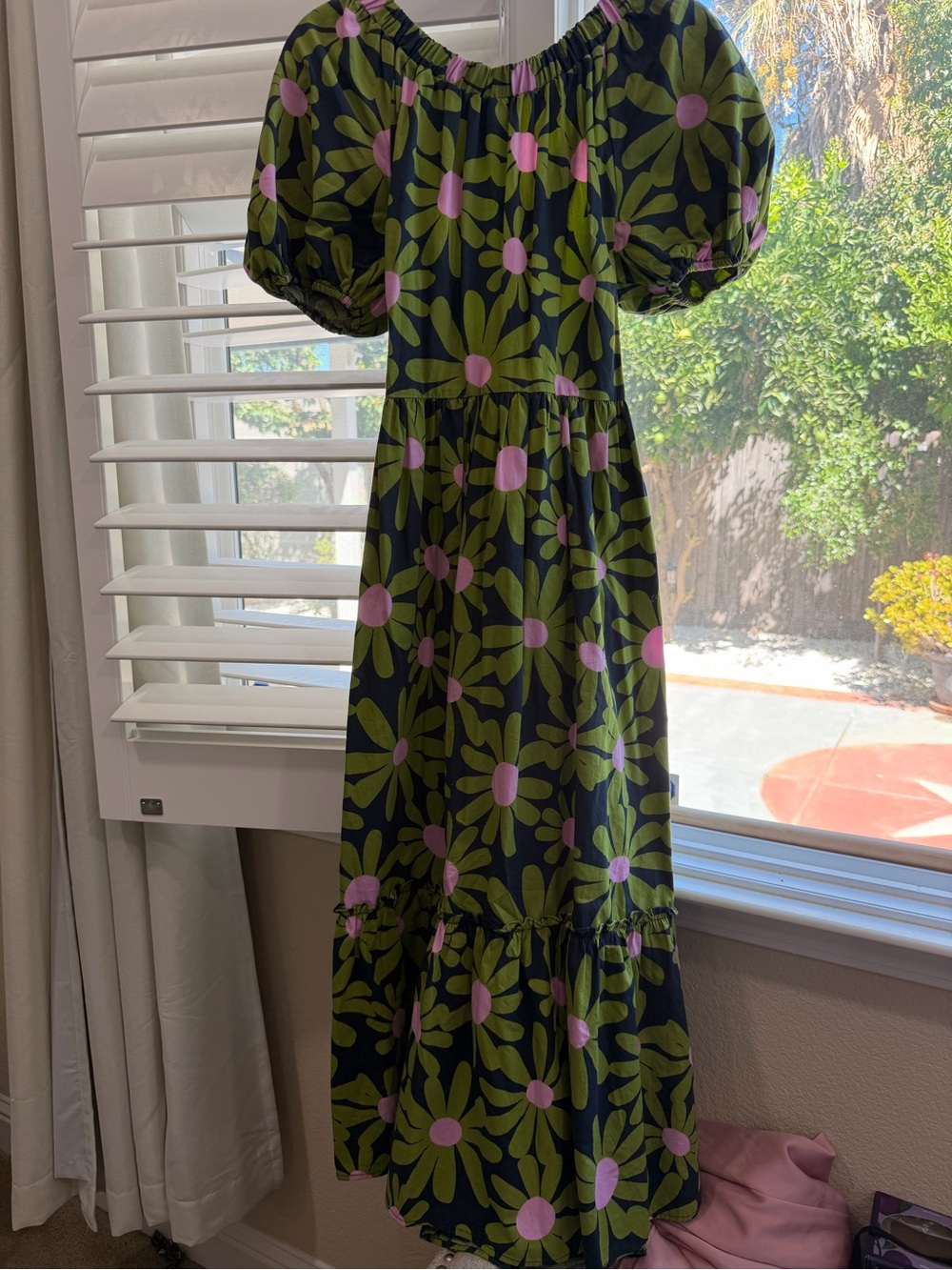 NWT TOPSHOP Green & Pink Floral Puff Sleeve Open Back Tiered Midi Dress US 6